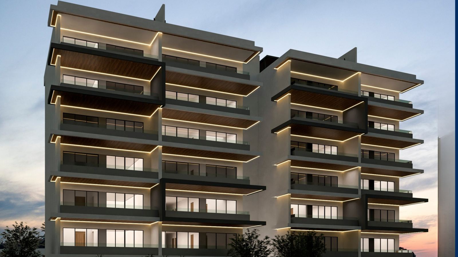 Render de las torres de Bahía Serena al atardecer